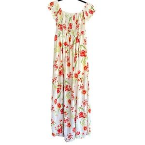 Red & Olive Floral Summer Maxi Dress with Slits, Lining, Smocked Top